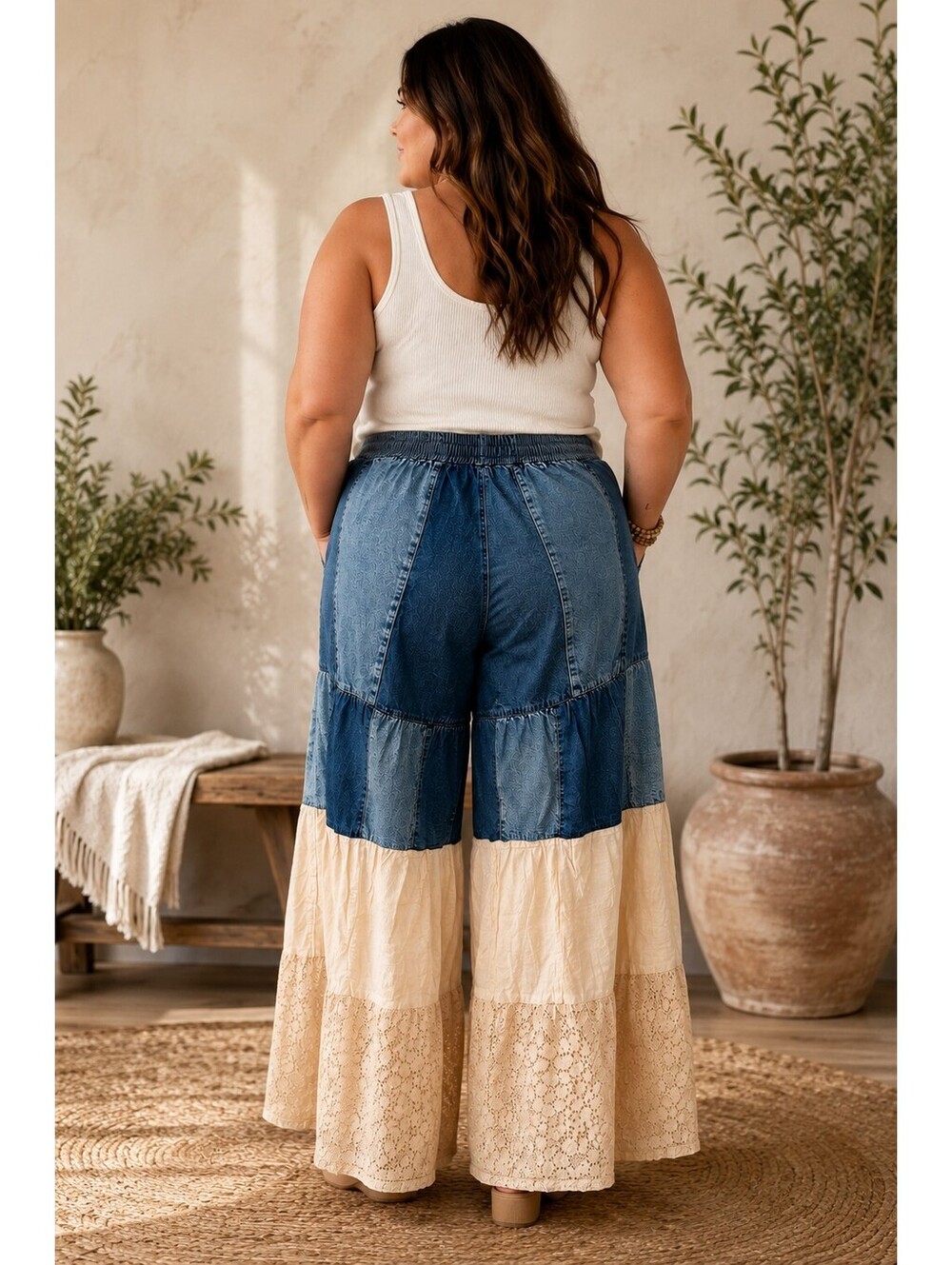 YOUNG THREADS Patchwork Denim Lace Wide Leg Pants NWT 2X - Picture 2 of 6